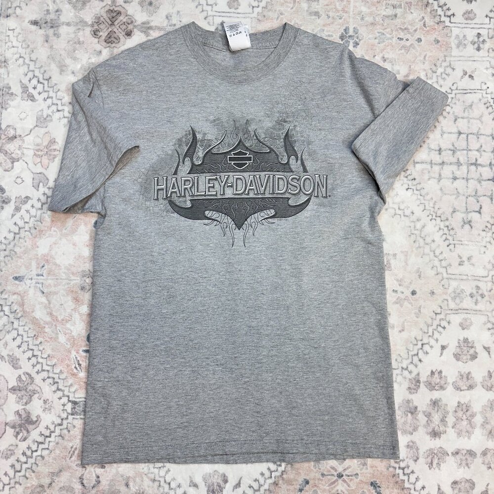 Y2K Vintage Harley Davidson Tribal Flames T-Shirt Adult Large Biker Gray Black